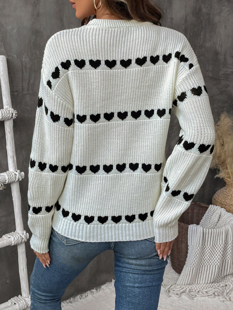 Perfee Heart Round Neck Long Sleeve Sweater - S. M. & Co.