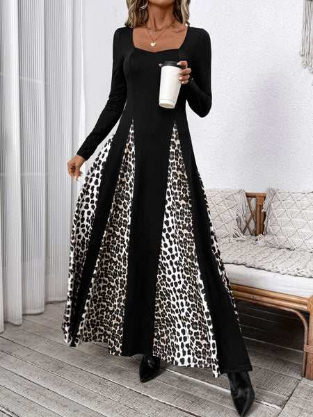 Perfee Leopard Square Neck Long Sleeve Maxi Dress - S. M. & Co.