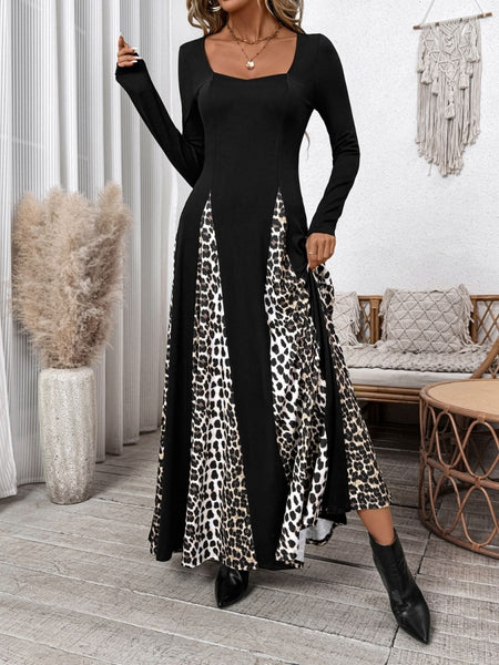 Perfee Leopard Square Neck Long Sleeve Maxi Dress - S. M. & Co.