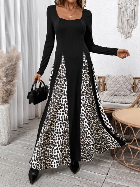 Perfee Leopard Square Neck Long Sleeve Maxi Dress - S. M. & Co.