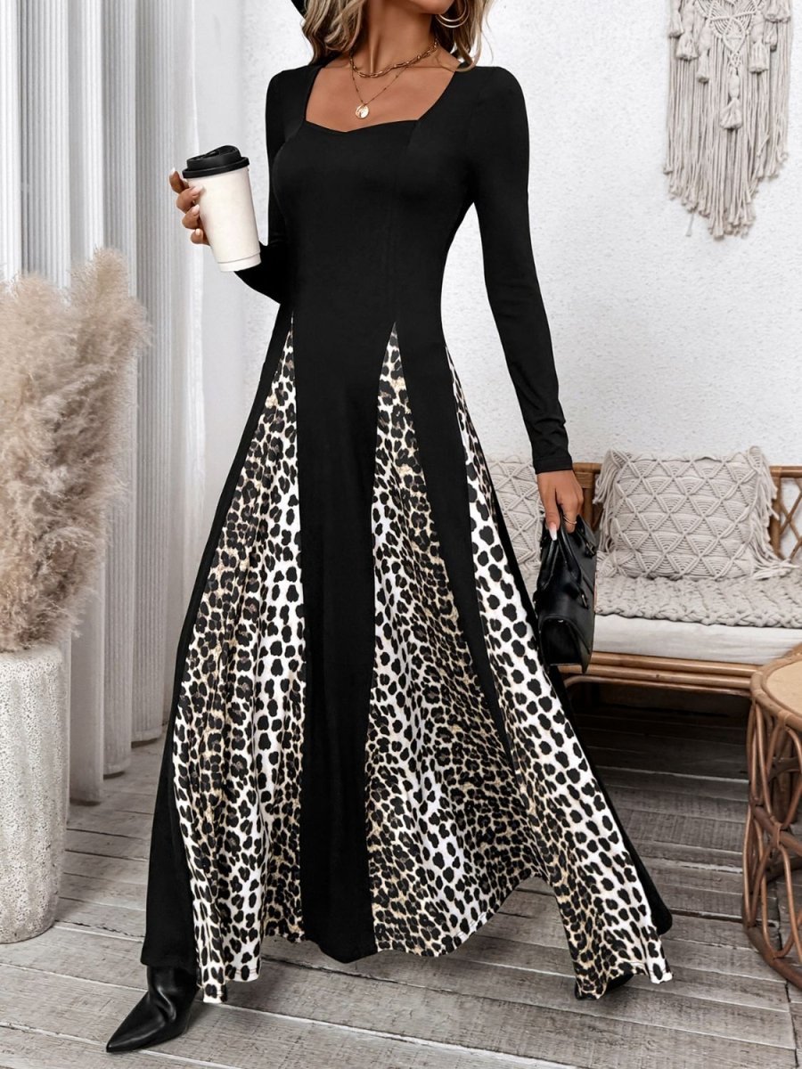 Perfee Leopard Square Neck Long Sleeve Maxi Dress - S. M. & Co.