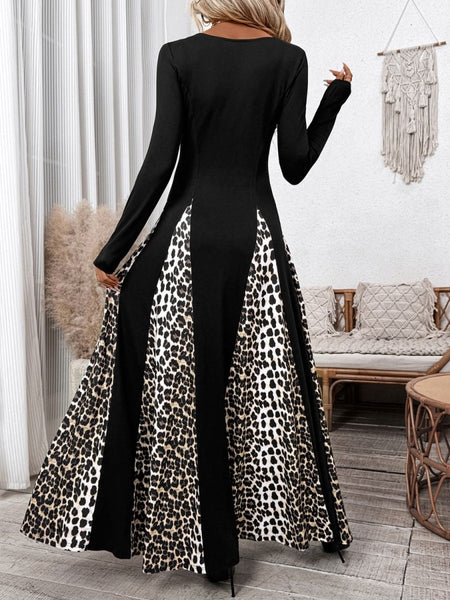 Perfee Leopard Square Neck Long Sleeve Maxi Dress - S. M. & Co.