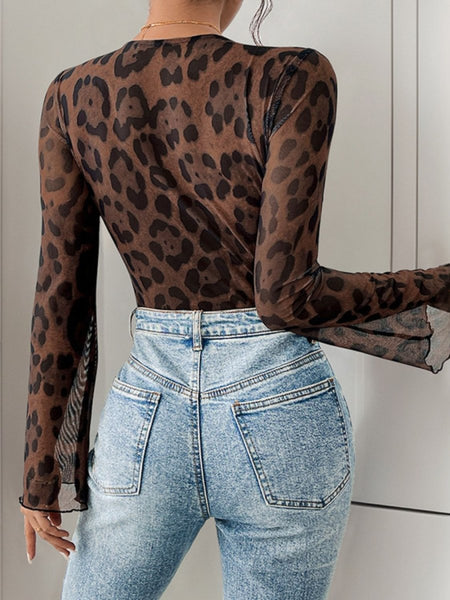 Perfee Leopard V - Neck Lace Bodysuit - S. M. & Co.