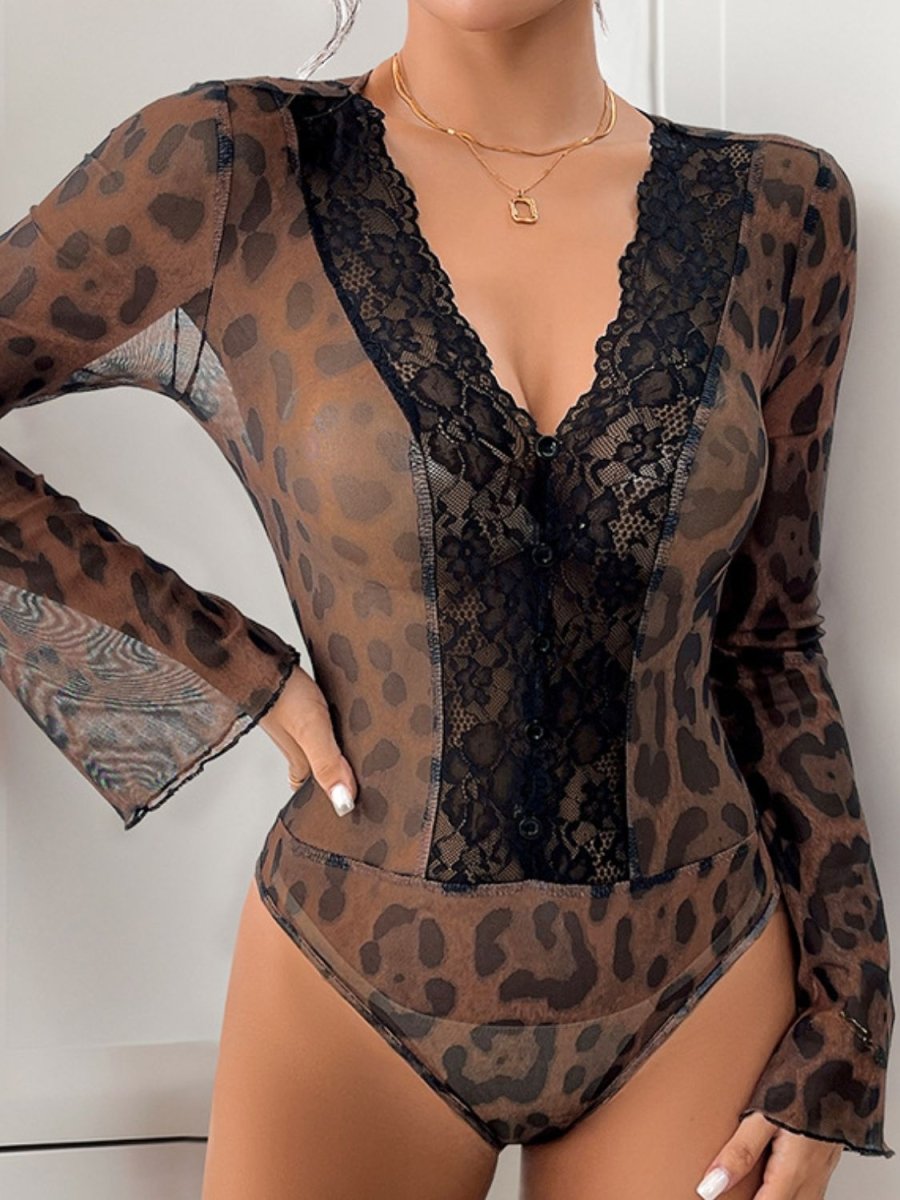 Perfee Leopard V - Neck Lace Bodysuit - S. M. & Co.