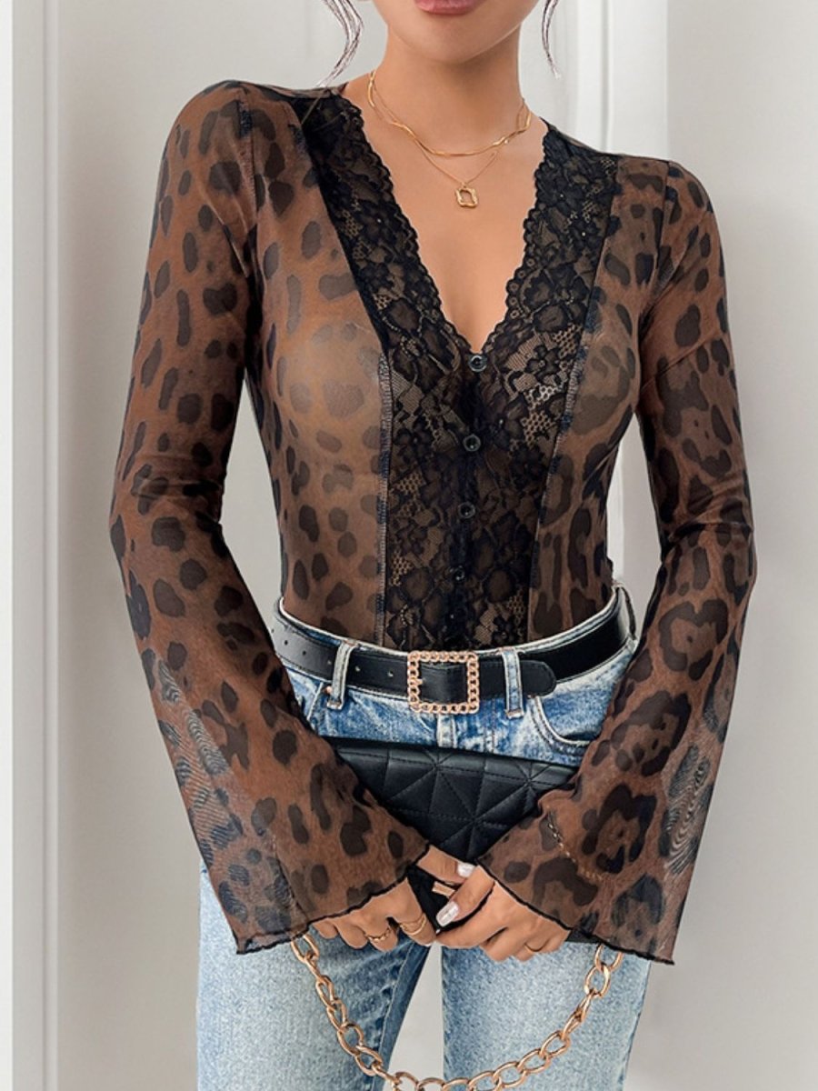 Perfee Leopard V - Neck Lace Bodysuit - S. M. & Co.