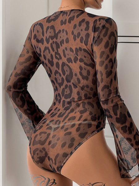 Perfee Leopard V - Neck Lace Bodysuit - S. M. & Co.