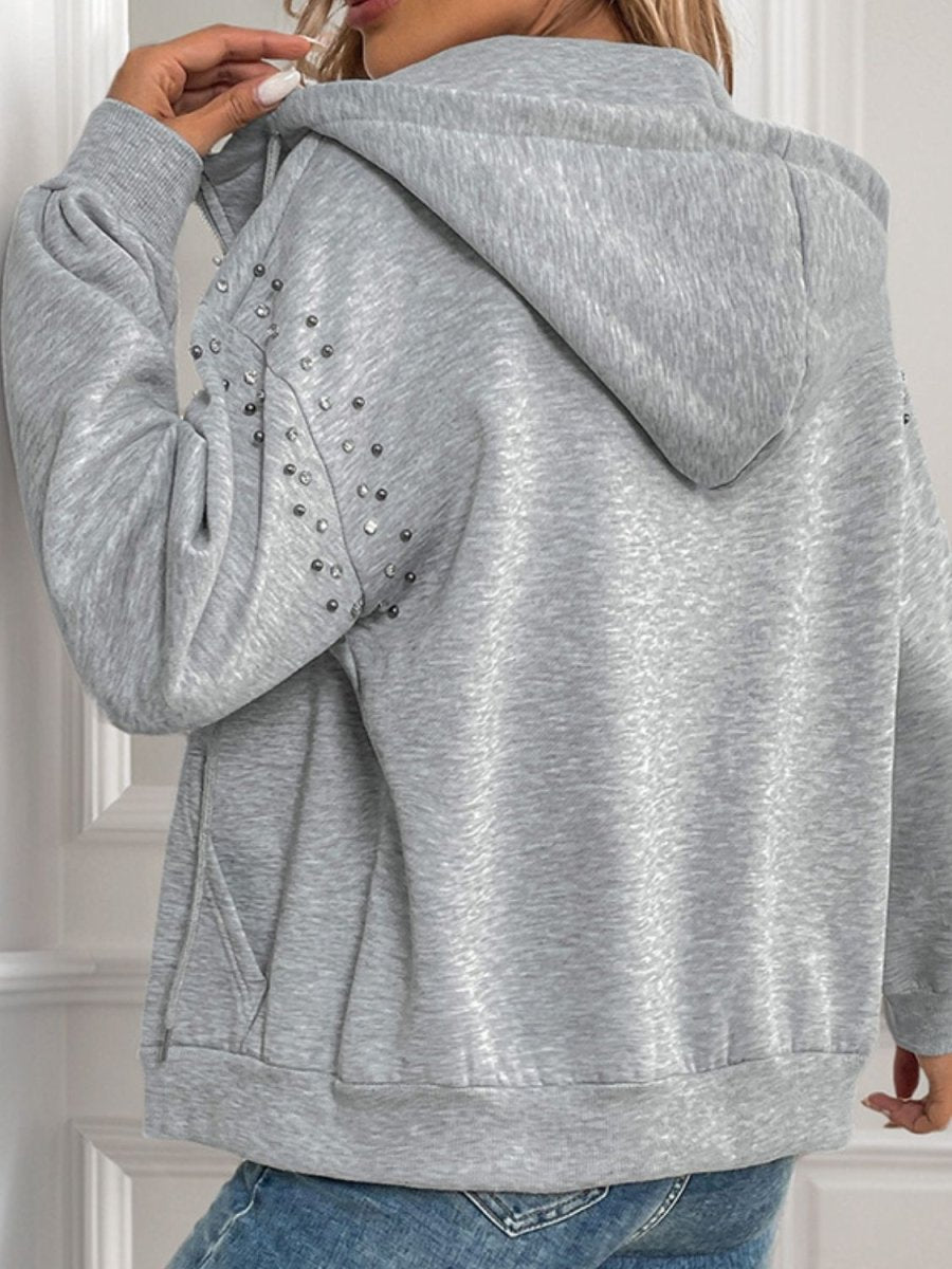 Perfee Rhinestone Zip Up Long Sleeve Hoodie - S. M. & Co.