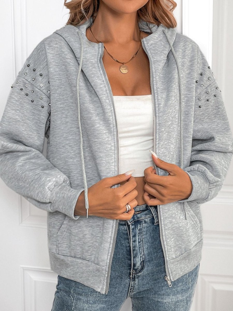 Perfee Rhinestone Zip Up Long Sleeve Hoodie - S. M. & Co.