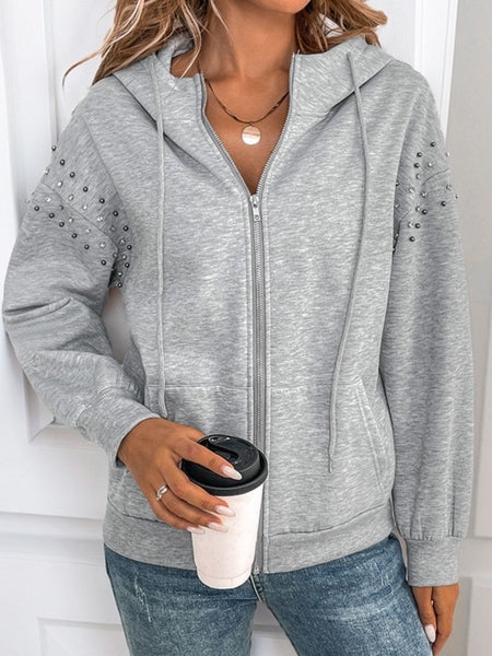 Perfee Rhinestone Zip Up Long Sleeve Hoodie - S. M. & Co.