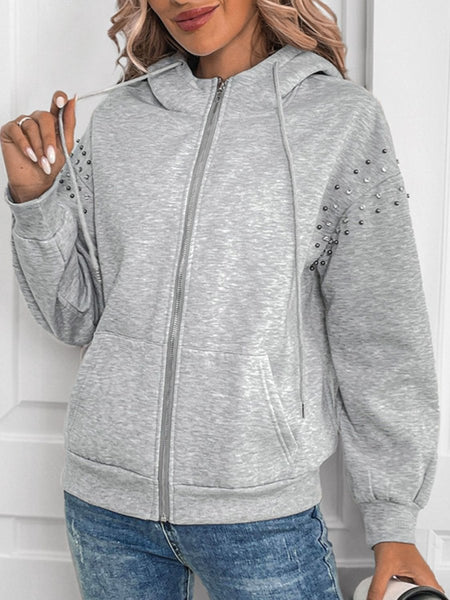 Perfee Rhinestone Zip Up Long Sleeve Hoodie - S. M. & Co.