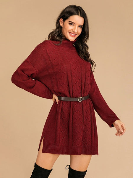 Perfee Slit Turtleneck Long Sleeve Mini Sweater Dress - S. M. & Co.