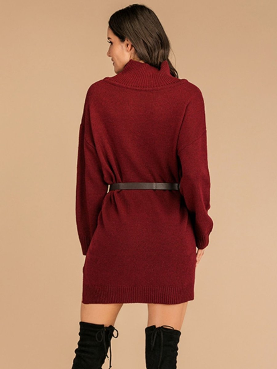 Perfee Slit Turtleneck Long Sleeve Mini Sweater Dress - S. M. & Co.