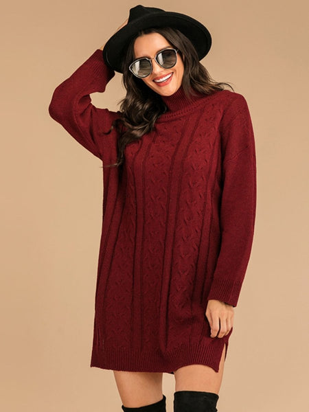 Perfee Slit Turtleneck Long Sleeve Mini Sweater Dress - S. M. & Co.