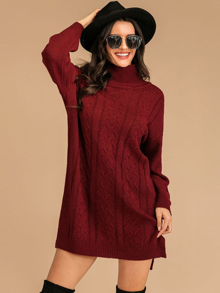 Perfee Slit Turtleneck Long Sleeve Mini Sweater Dress - S. M. & Co.