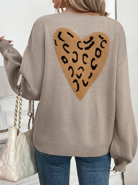 Perfee Tied Contrast Heart V - Neck Long Sleeve Cardigan - S. M. & Co.