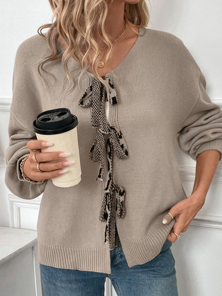 Perfee Tied Contrast Heart V - Neck Long Sleeve Cardigan - S. M. & Co.