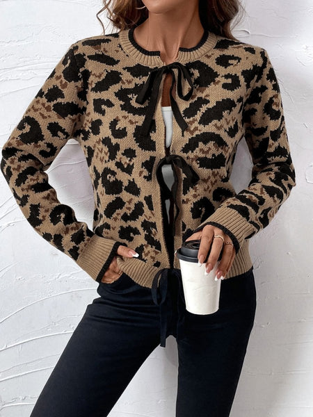 Perfee Tied Leopard Long Sleeve Cardigan - S. M. & Co.