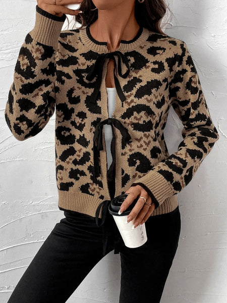 Perfee Tied Leopard Long Sleeve Cardigan - S. M. & Co.