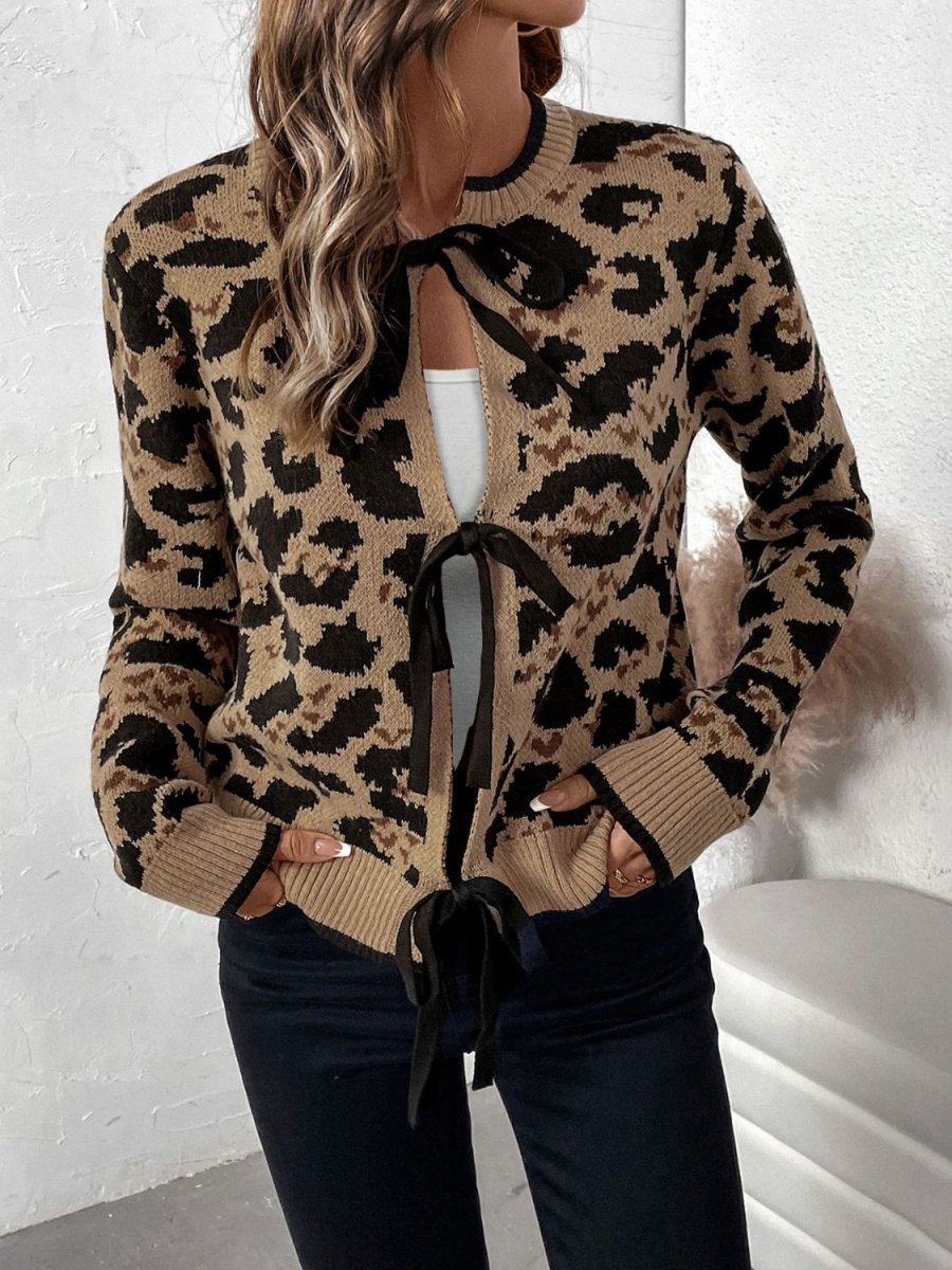 Perfee Tied Leopard Long Sleeve Cardigan - S. M. & Co.