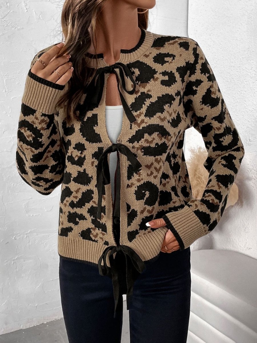 Perfee Tied Leopard Long Sleeve Cardigan - S. M. & Co.