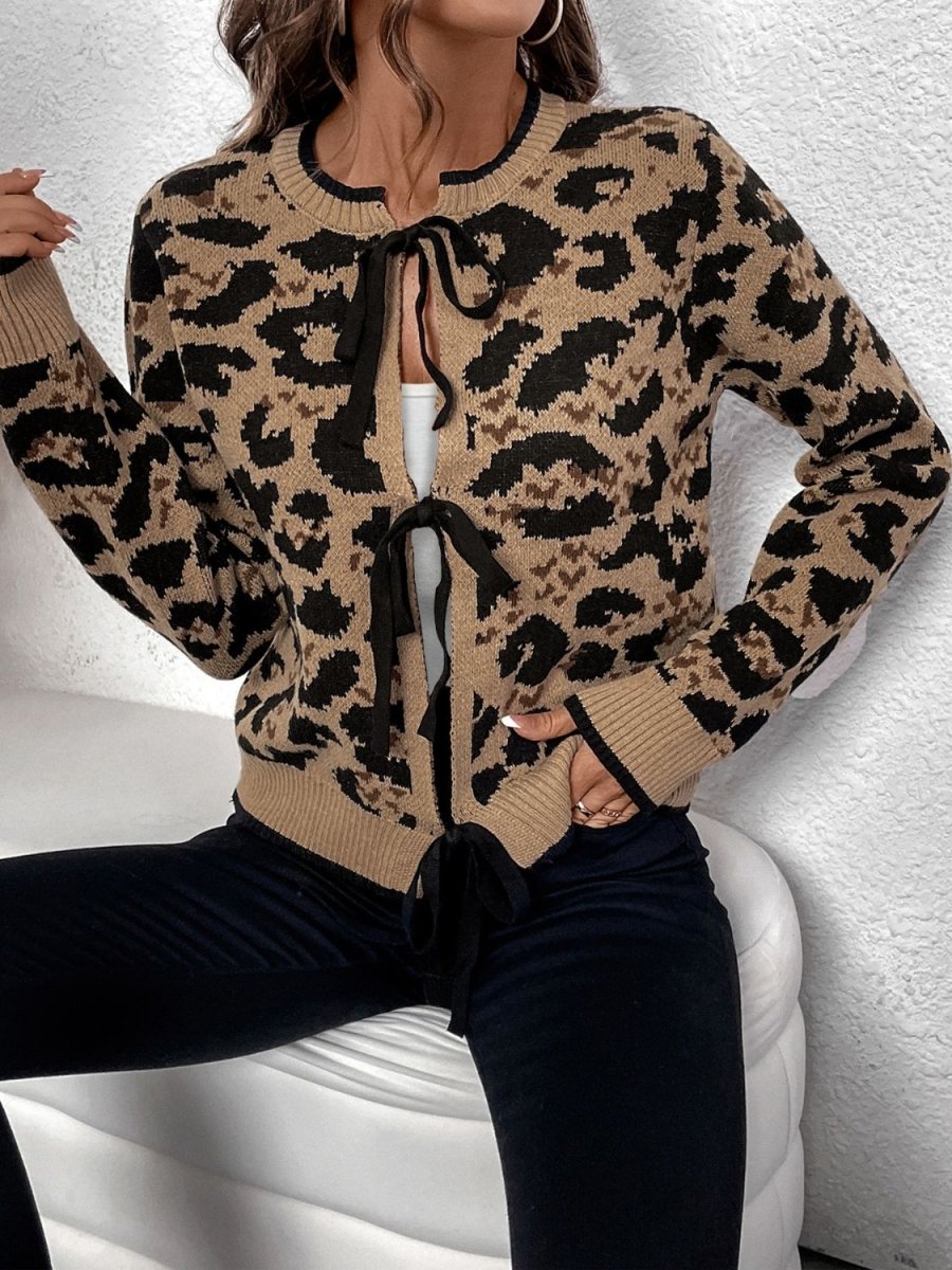 Perfee Tied Leopard Long Sleeve Cardigan - S. M. & Co.