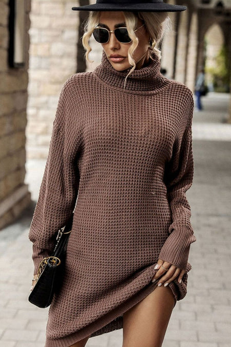 Perfee Turtleneck Dropped Shoulder Mini Sweater Dress - S. M. & Co.