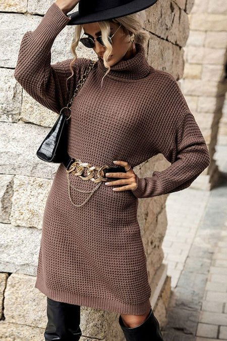 Perfee Turtleneck Dropped Shoulder Mini Sweater Dress - S. M. & Co.