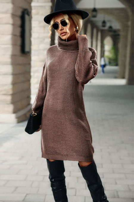 Perfee Turtleneck Dropped Shoulder Mini Sweater Dress - S. M. & Co.