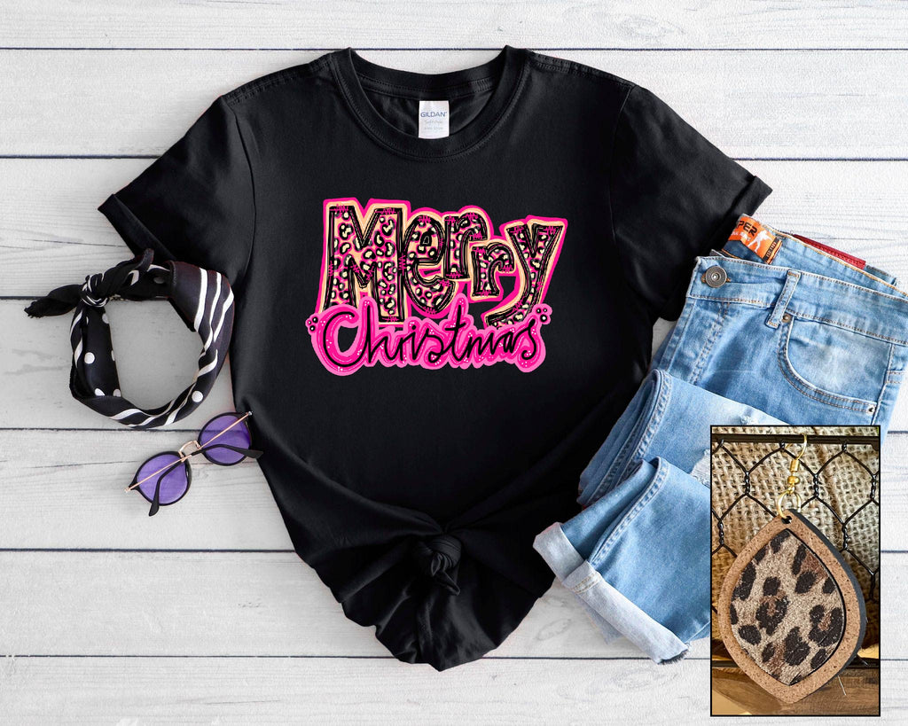 Pink Leopard Merry Christmas- Tee