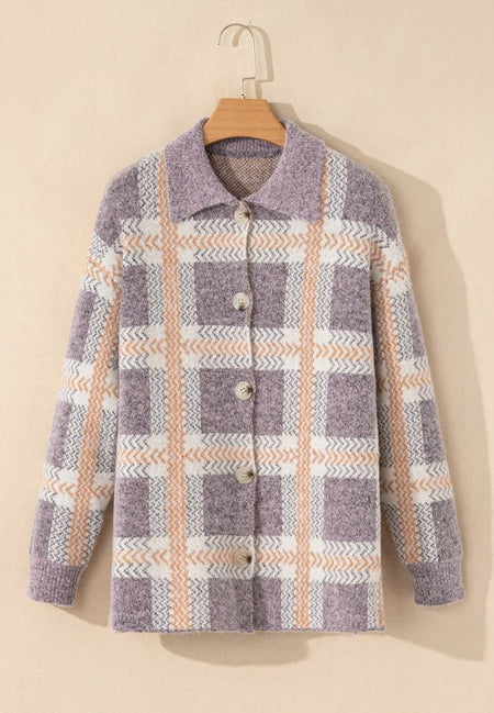 Plaid Button Up Collared Neck Cardigan - S. M. & Co.