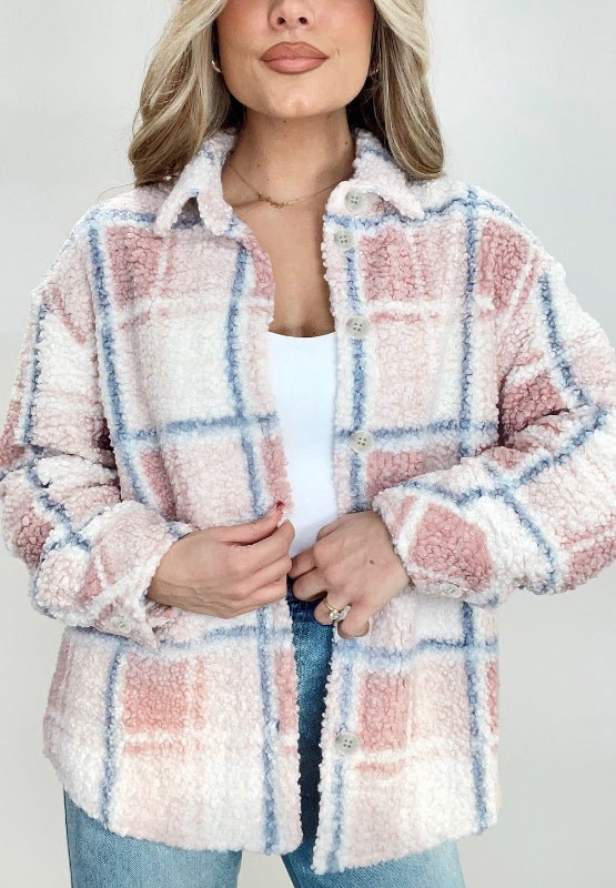 Plaid Button Up Collared Neck Sherpa Jacket - S. M. & Co.