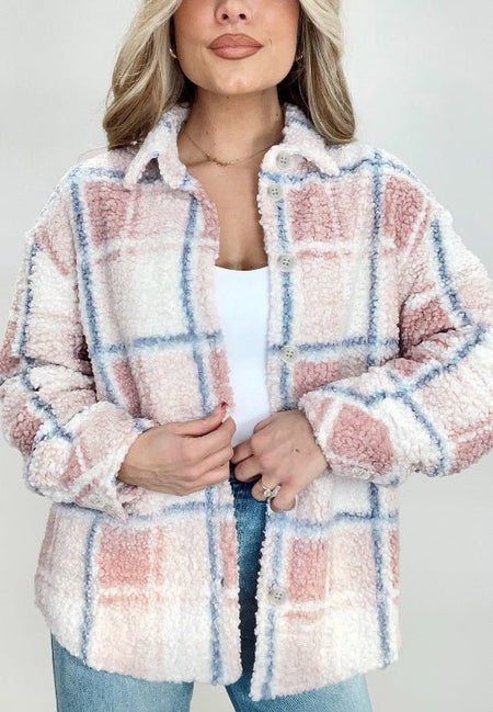 Plaid Button Up Collared Neck Sherpa Jacket - S. M. & Co.