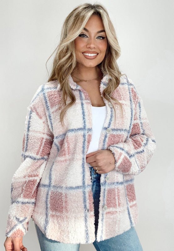 Plaid Button Up Collared Neck Sherpa Jacket - S. M. & Co.