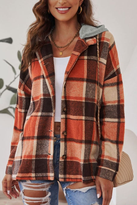 Plaid Button Up Hooded Shacket - S. M. & Co.