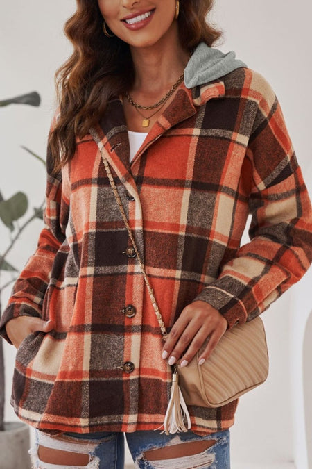 Plaid Button Up Hooded Shacket - S. M. & Co.