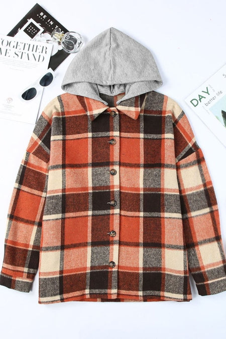 Plaid Button Up Hooded Shacket - S. M. & Co.