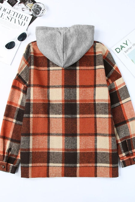 Plaid Button Up Hooded Shacket - S. M. & Co.