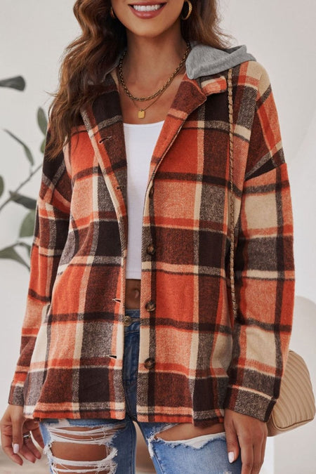 Plaid Button Up Hooded Shacket - S. M. & Co.