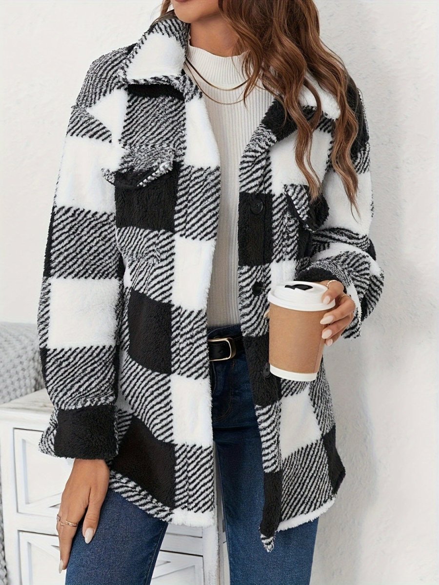 Plaid Button Up Long Sleeve Fuzzy Outerwear - S. M. & Co.