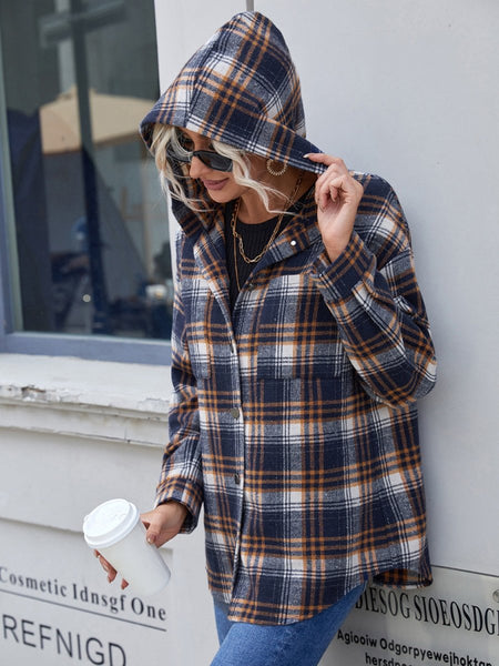 Plaid Button Up Long Sleeve Hooded Jacket - S. M. & Co.