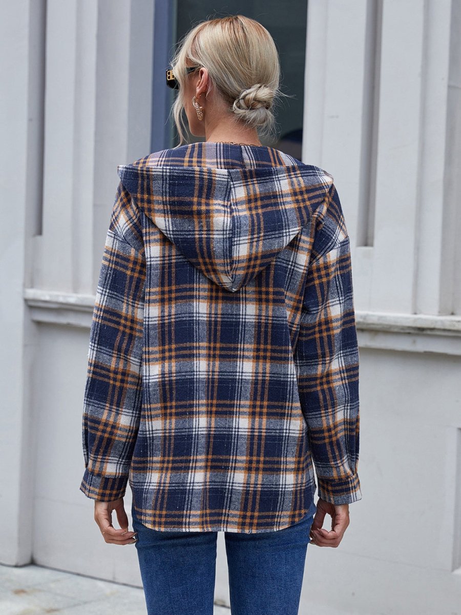 Plaid Button Up Long Sleeve Hooded Jacket - S. M. & Co.