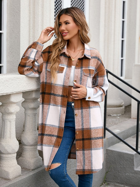 Plaid Button Up Long Sleeve Longline Outerwear - S. M. & Co.