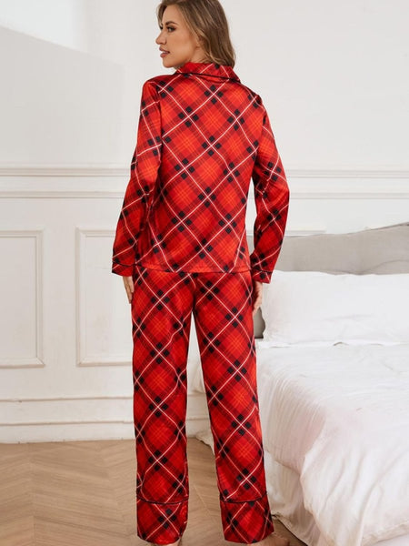 Plaid Button Up Long Sleeve Top and Pants Lounge Set - S. M. & Co.