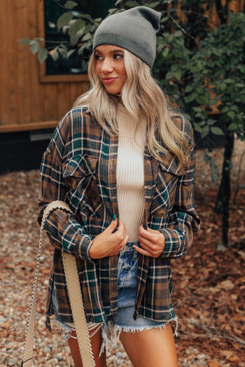 Plaid Collared Neck Button Up Jacket - S. M. & Co.