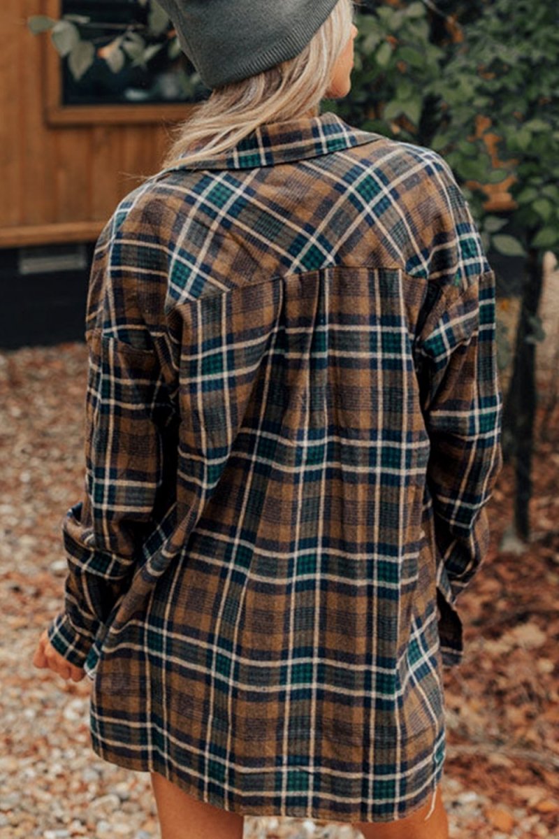 Plaid Collared Neck Button Up Jacket - S. M. & Co.