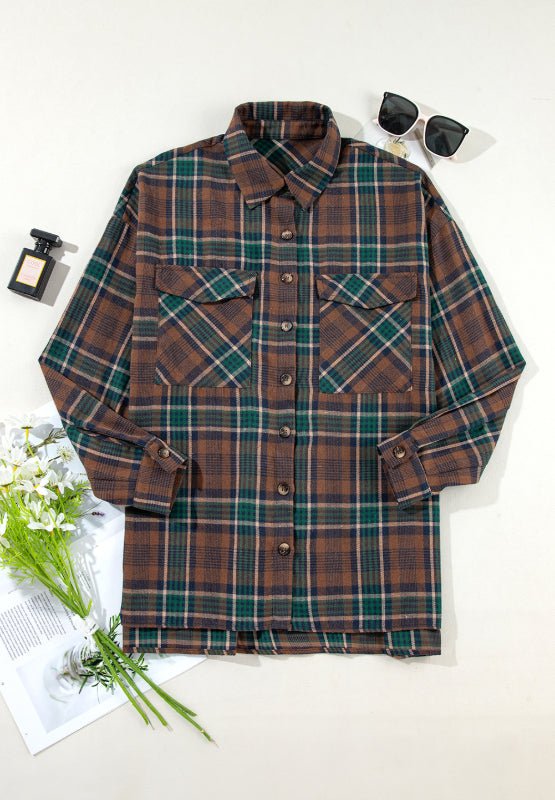 Plaid Collared Neck Button Up Jacket - S. M. & Co.