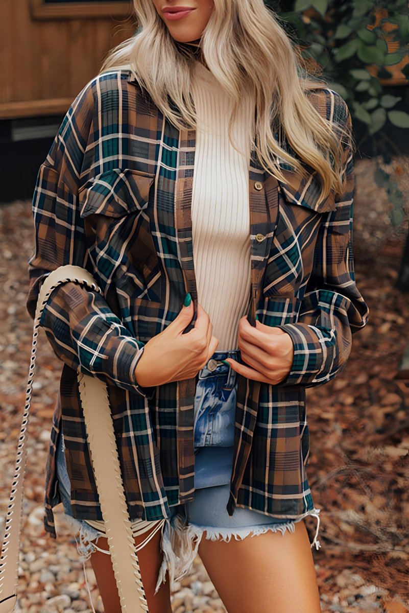 Plaid Collared Neck Button Up Jacket - S. M. & Co.