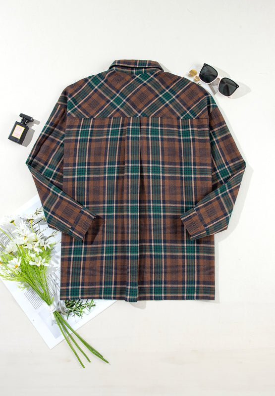 Plaid Collared Neck Button Up Jacket - S. M. & Co.