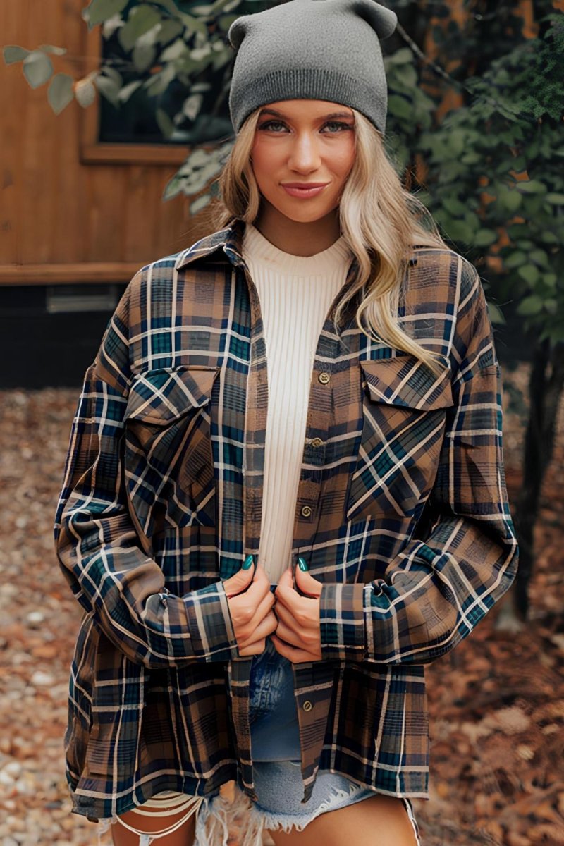 Plaid Collared Neck Button Up Jacket - S. M. & Co.