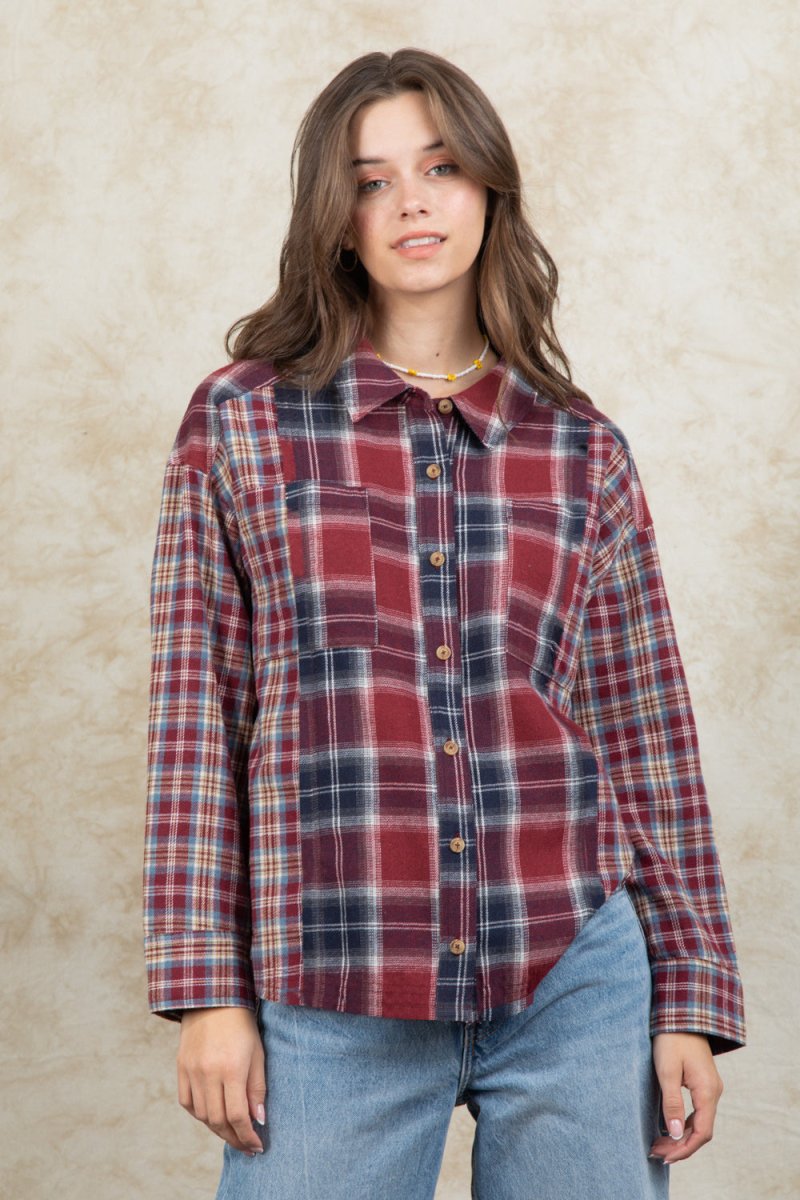 Plaid Collared Neck Button Up Long Sleeve Shirt - S. M. & Co.